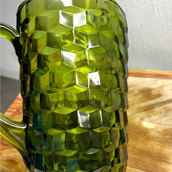 1960s Indiana Whitehall Glass Avocado Green Cubist Pattern Pitcher - Picture 7 of 9